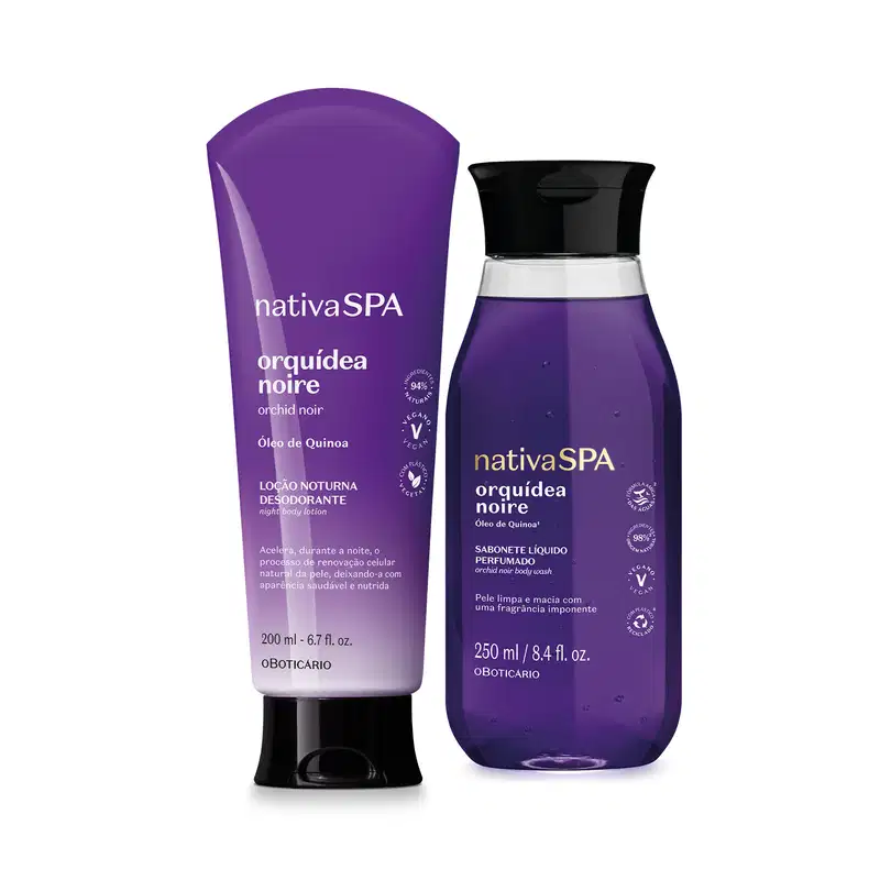 Dois itens de corpo e banho da linha Nativa Spa Orquídea Noire posicionados lado a lado, sendo um frasco e uma bisnaga, ambos na cor roxa com tampa abre e fecha preta.