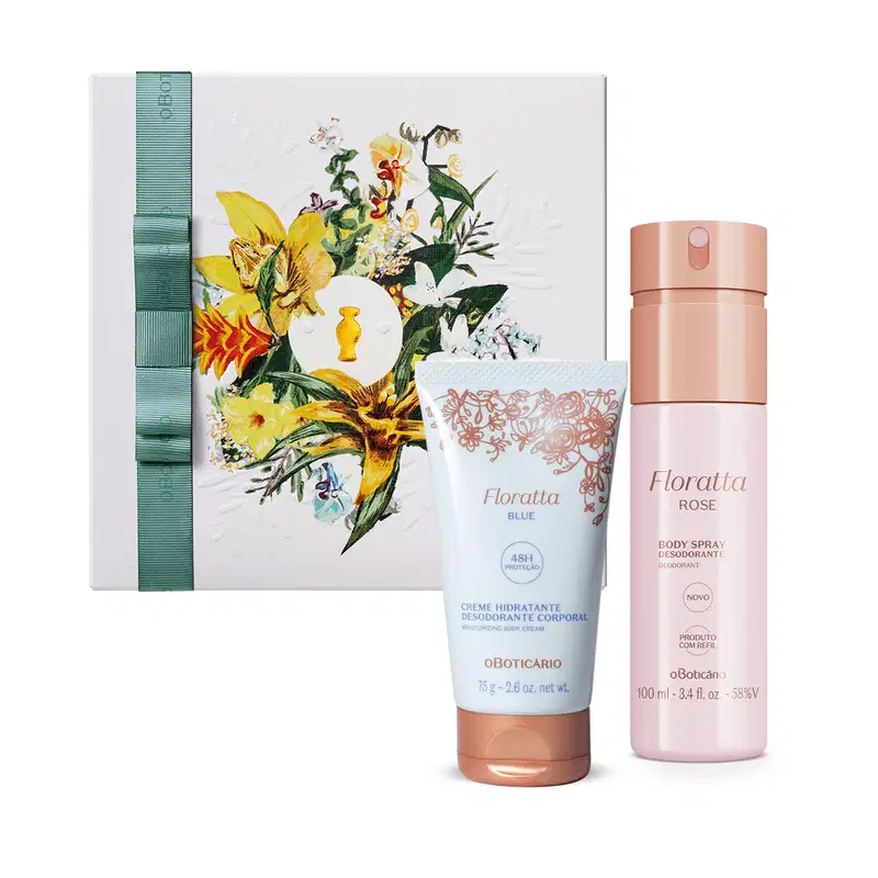 Kit com caixa de ilustração floral e dois itens da marca Floratta: body splash Floratta Rose, embalagem branca com tampa e rótulo dourados e um creme corporal Floratta Blue, com embalagem branca, flores douradas e letras em tons de dourado e azul.