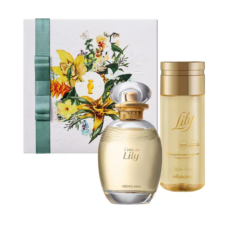 Kit contendo caixa com ilustração floral, desodorante colônia da marca Lily em vidro oval, borrifador e rótulo dourados e tampa transparente e um frasco de óleo corporal da mesma marca com embalagem transparente, tampa e informações douradas.