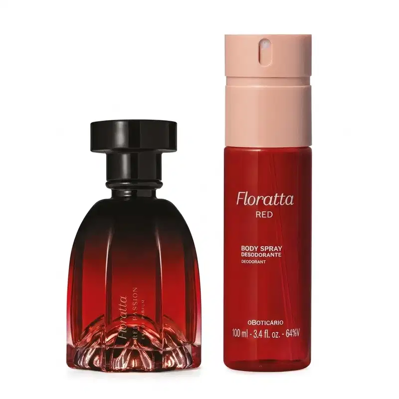 Dois frascos de item de perfumaria, sendo um frasco de vidro vermelho arredondado com tampa preta da linha Floratta Red Passion e outro frasco plástico com corpo vermelho e tampa borrifadora rosa da linha Floratta Red.
