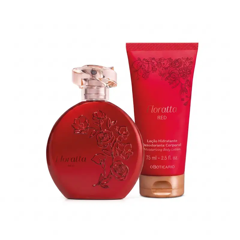 Conjunto de item de perfumaria Floratta Red, composto por frasco de desodorante colônia vermelho com flores em relevo e bisnaga de loção hidratante desodorante corporal vermelha com tampa dourada.