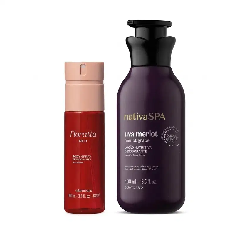 Dois frascos de produtos de corpo e banho sendo: um frasco de body spray vermelho, cilíndrico, com tampa borrifadora rosa da marca Floratta Red e um frasco de hidratante desodorante roxo escuro com tampa dosadora pump preta da marca Nativa Spa Uva Merlot.