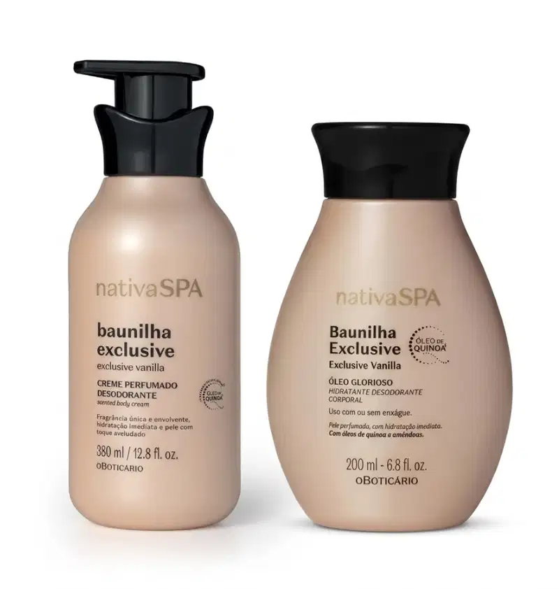 Dois itens de cuidados com a pele lado a lado, sendo: uma frasco rosa claro e tampa pump preta contendo creme hidratante e outro nas mesmas cores, mas com tampa abre-e-fecha, ambos da linha Nativa SPA Baunilha Exclusive.