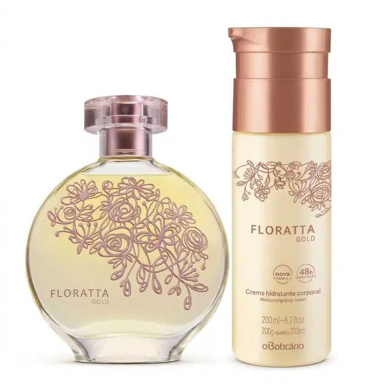 Dois itens de perfumaria lado a lado, sendo um frasco de Floratta Gold em embalagem de frasco de vidro rosa claro e flores em alto relevo e frasco de body spray rosa com tampa rosé.