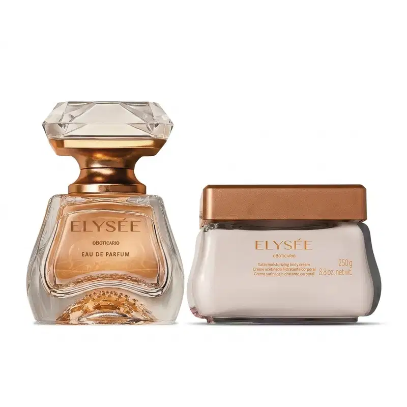 Dois produtos da marca Elysèe: um frasco de eau de parfum em formato de joia e tampa de cristal e base dourada, e um pote de vidro quadrado com creme corporal e tampa dourada.