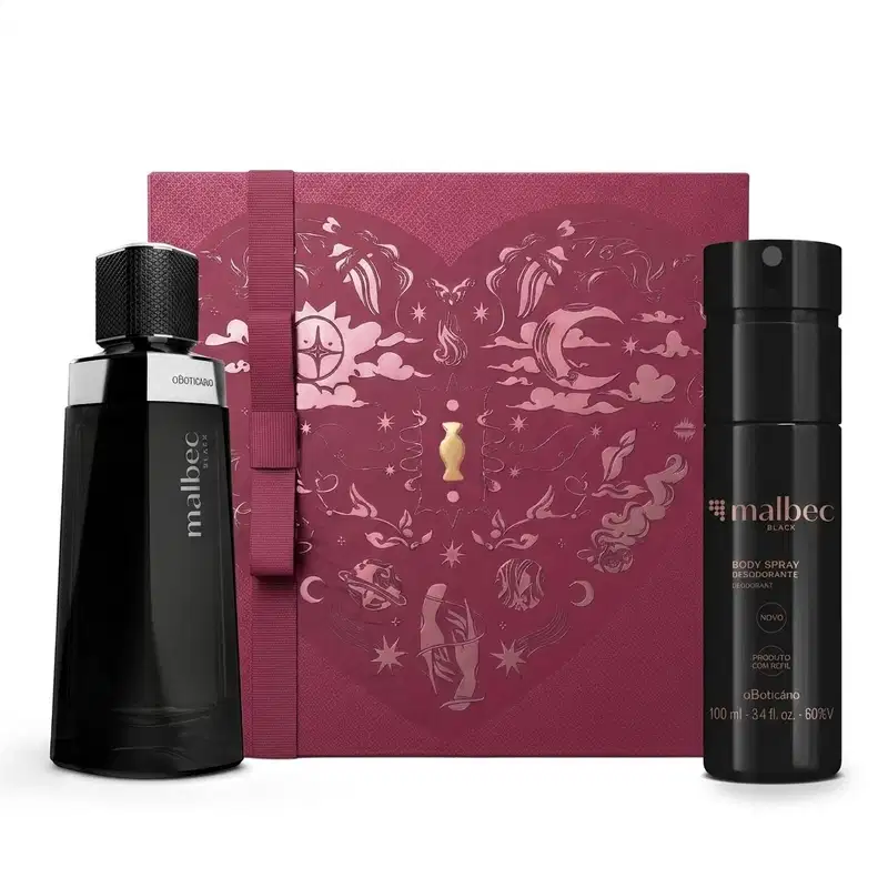 Conjunto de produtos Malbec, composto por um frasco de perfume preto e um frasco de desodorante preto, embalados em uma caixa de presente rosa com ilustrações decorativas.