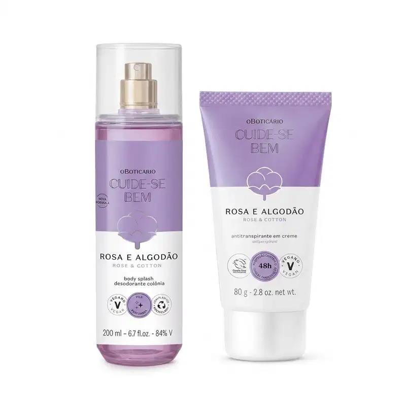Dois produtos de corpo e banho da marca O Boticário, linha Cuide-se Bem Rosa e Algodão, sendo: um frasco de body splash com rótulo roxo e branco, e uma bisnaga de creme antitranspirante com rótulo roxo e branco.