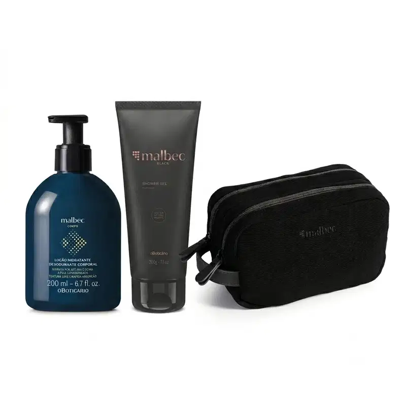 Conjunto de produtos de corpo e banho da marca Malbec, incluindo embalagem de loção hidratante corporal na cor azul com pump dosador, bisnaga de gel de banho cinza e necessaire preta.