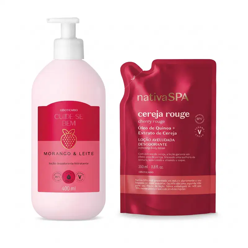 Combo Cuide-se Bem Morango e Leite Loção Corporal 400ml + Refil Cereja Rouge Loção Corporal 350ml