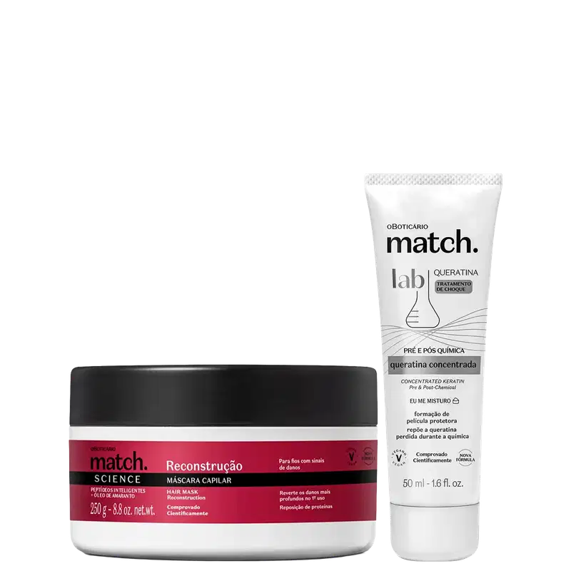 O produto de beleza exibido na imagem consiste em dois itens da marca Match: uma máscara capilar de reconstrução em embalagem preta e vermelha, e um tratamento de queratina em tubo branco.
