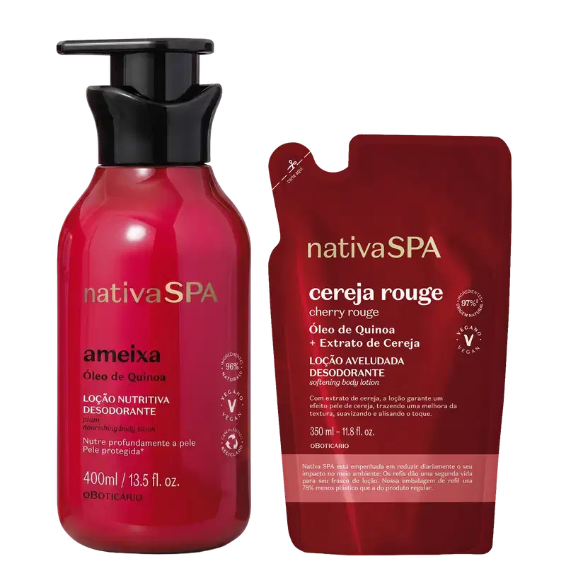 Frasco de loção corporal Nativa SPA Ameixa com 400ml, embalagem vermelha e preta com rótulo destacando ingredientes como óleo de quinoa e extrato de cereja.