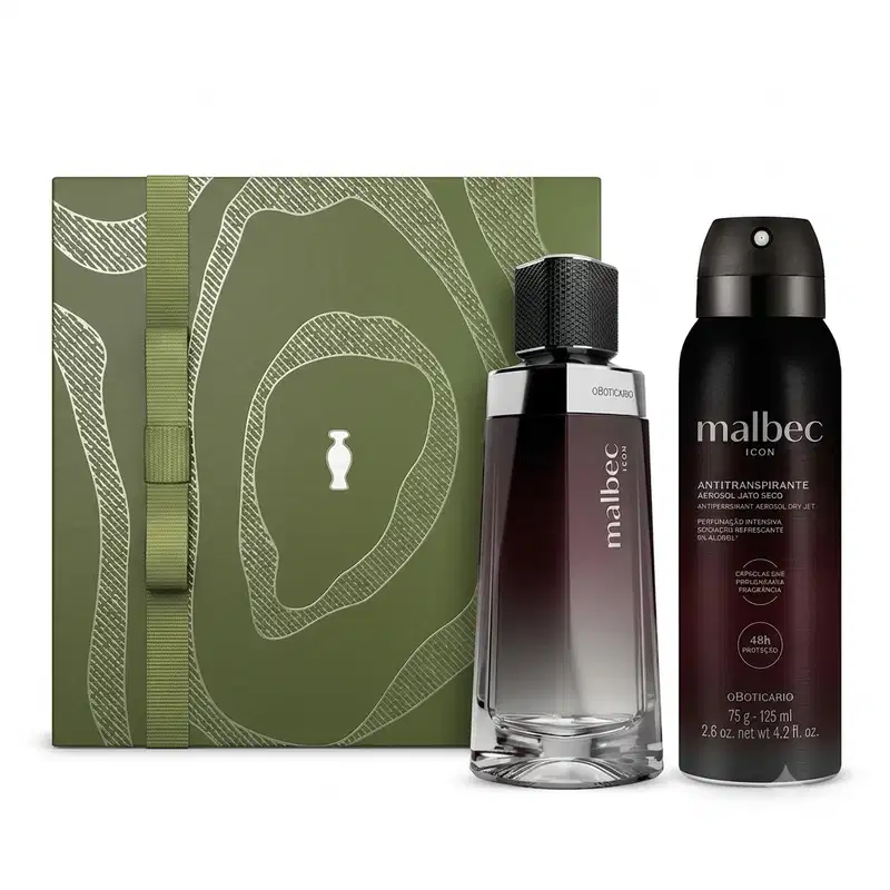 Combo Malbec Icon Desodorante Colônia 100ml + Antitranspirante Aerossol Malbec Icon 75g/125ml + Caixa de Presente