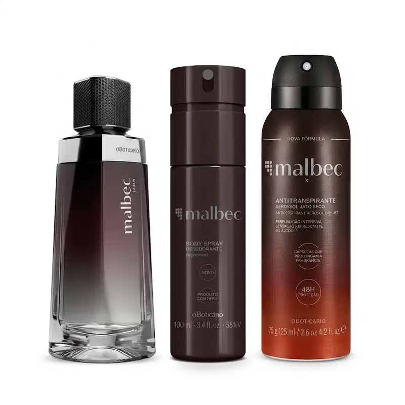 Combo Malbec: Desodorante Colônia 100ml + Body Spray 100ml + Antitranspirante Aerossol 125ml
