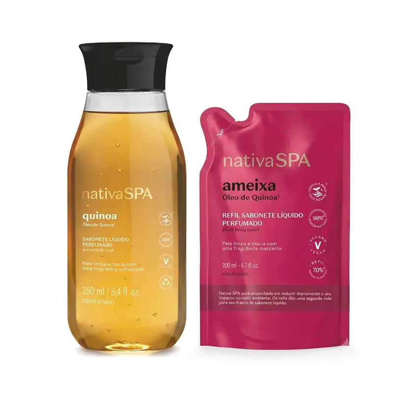 Combo Sabonete Líquido Perfumado Nativa Spa Quinoa 250ml + Refil Sabonete Líquido Perfumado Nativa Spa Ameixa 200ml