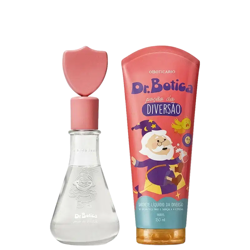 Conjunto Dr. Botica Poção da Diversão com perfume em frasco de vidro com tampa rosa em formato de escudo e sabonete líquido em embalagem coral com ilustração de mago, 150ml.
