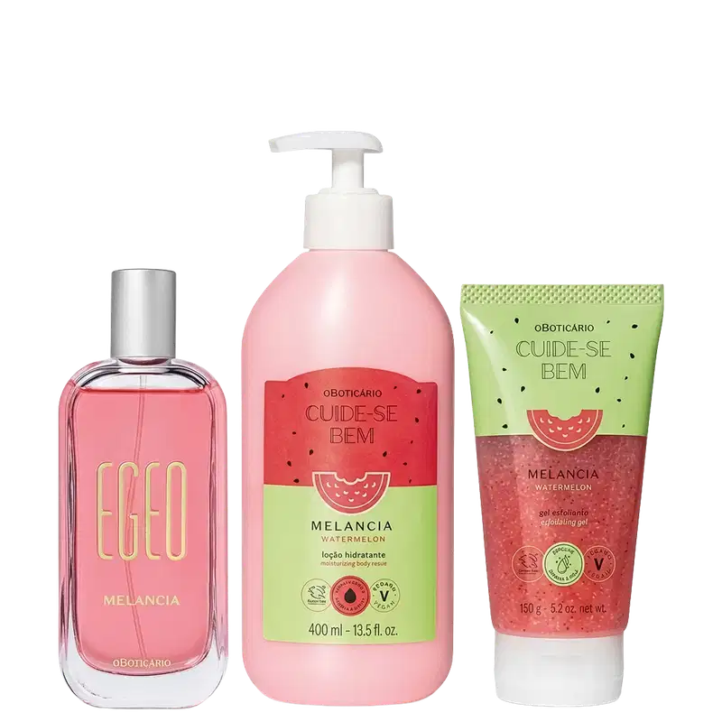 Conjunto de três produtos Egeo Melancia: perfume em frasco de vidro rosa com tampa prateada, loção hidratante em frasco pump rosa de 400ml e gel esfoliante em tubo verde e rosa de 150g, todos com rótulos vermelhos e verdes.