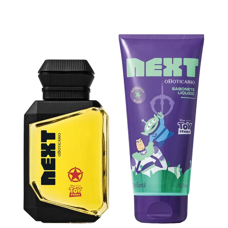 Conjunto de produtos Next Odoticário: frasco de perfume amarelo com tampa preta e sabonete líquido infantil roxo de 450ml, ambos com tema Toy Story da Disney Pixar.