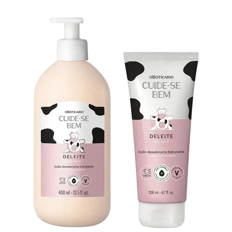 Dois produtos Cuide-se Bem Deleite: frasco com bomba de 400ml em tom bege claro e tubo de 200ml rosa. Ambos apresentam estampa de vaca, rótulos brancos e rosa, indicando loção desodorante hidratante. Certificações veganas e cruelty-free visíveis.