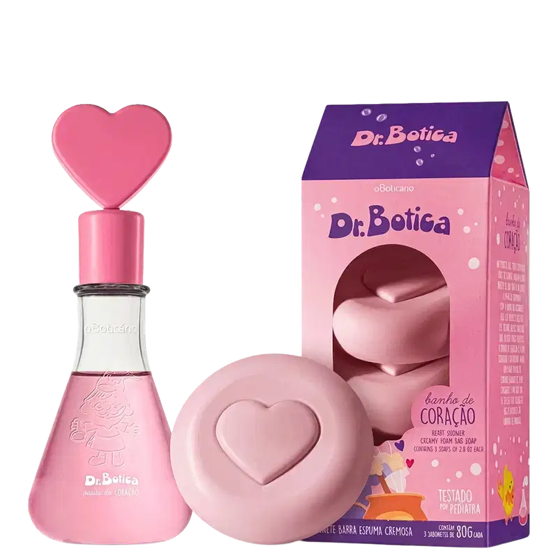 Conjunto Dr. Botica "Banho de Coração" com frasco de perfume rosa com tampa em formato de coração, sabonete em barra com relevo de coração e embalagem rosa e roxa. Produtos infantis testados por pediatra.