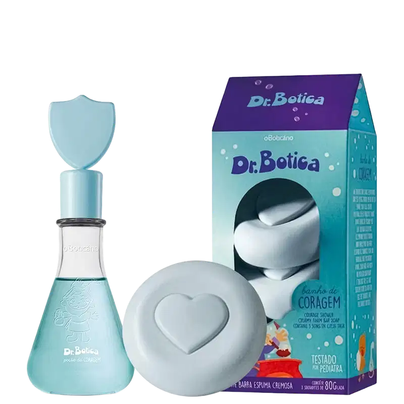 Conjunto Dr. Botica com frasco de poção de coragem em vidro azul-turquesa, sabonete em barra espumosa branco em formato de coração e embalagem caixa turquesa com detalhes roxos. Produtos infantis testados dermatologicamente.