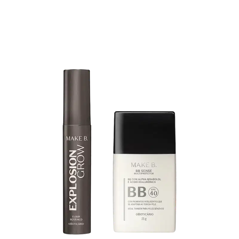 Dois produtos Make B.: Explosion Crow elixir botânico em frasco cilíndrico marrom escuro, e BB Sense Multiprotetor FPS 40 em frasco branco com tampa preta, ambos com rótulos em português.