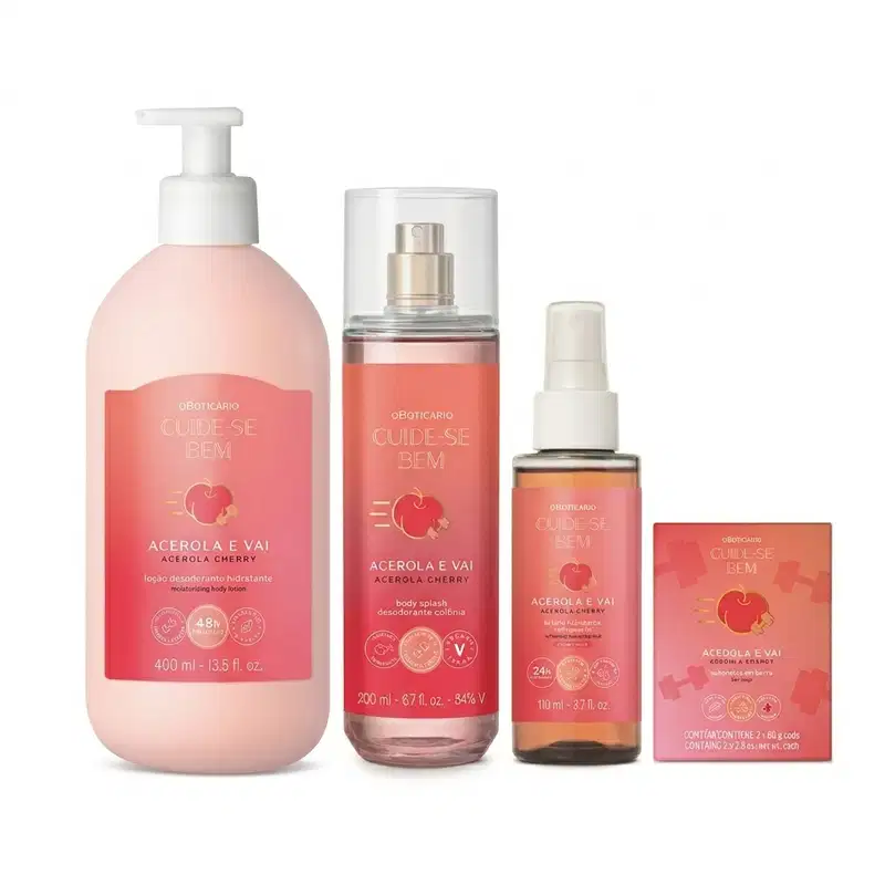 Combo Cuide-se Bem Acerola e Vai: Loção Hidratante 400ml + Body Splash 200ml + Bruma Hidratante Refrescante 110ml + Sabonetes