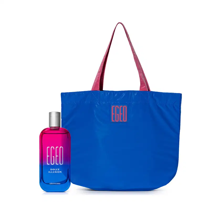 Imagem de dois produtos da linha Egeo, sendo um vidro rosa e azul com tampa prateada contendo o desodorante colônia da linha Dolce Illusion e uma bolsa grande na cor azul com alças rosa.