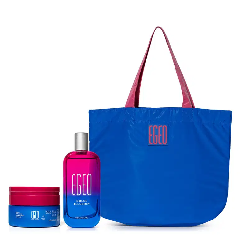 Imagem do Combo Egeo que traz um desodorante colônia em frasco azul e rosa da linha Dolce Illusion, um pote azul e rosa de creme desodorante corporal e uma bolsa grande na cor azul com alças rosa.