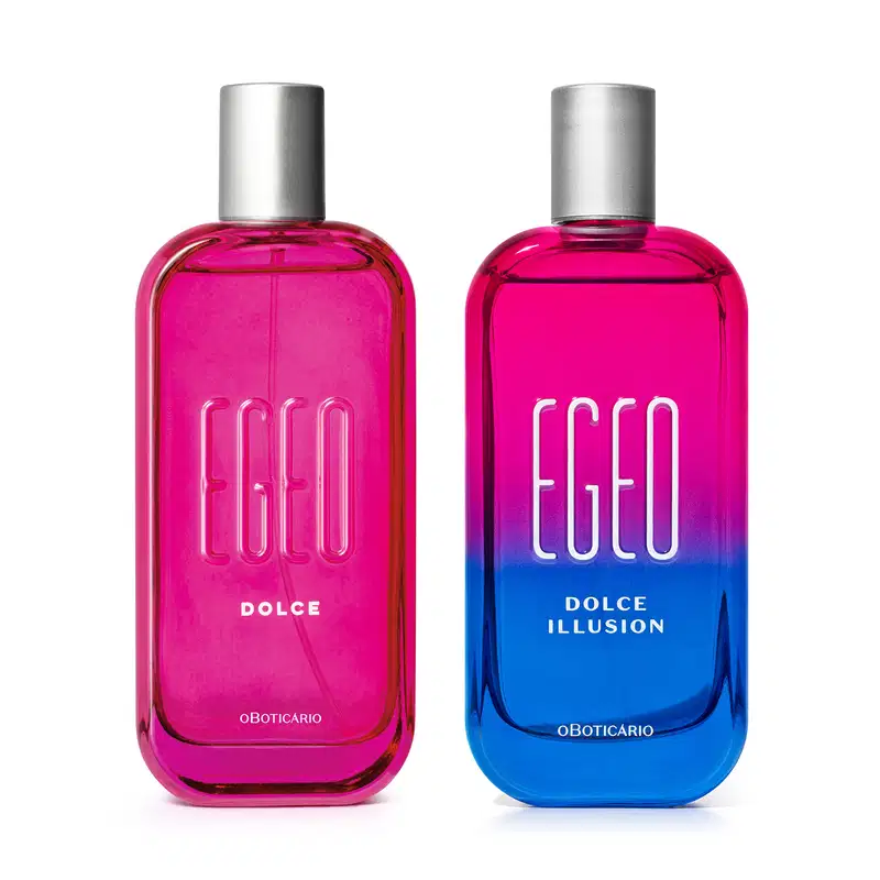 Imagem de dois frascos de desodorante colônia Egeo, sendo um da linha Dolce, em embalagem toda rosa com letras amarelas e outro da linha Dolce Illusion, em embalagem rosa e azul com letras brancas. Ambos possuem tampas prateadas.