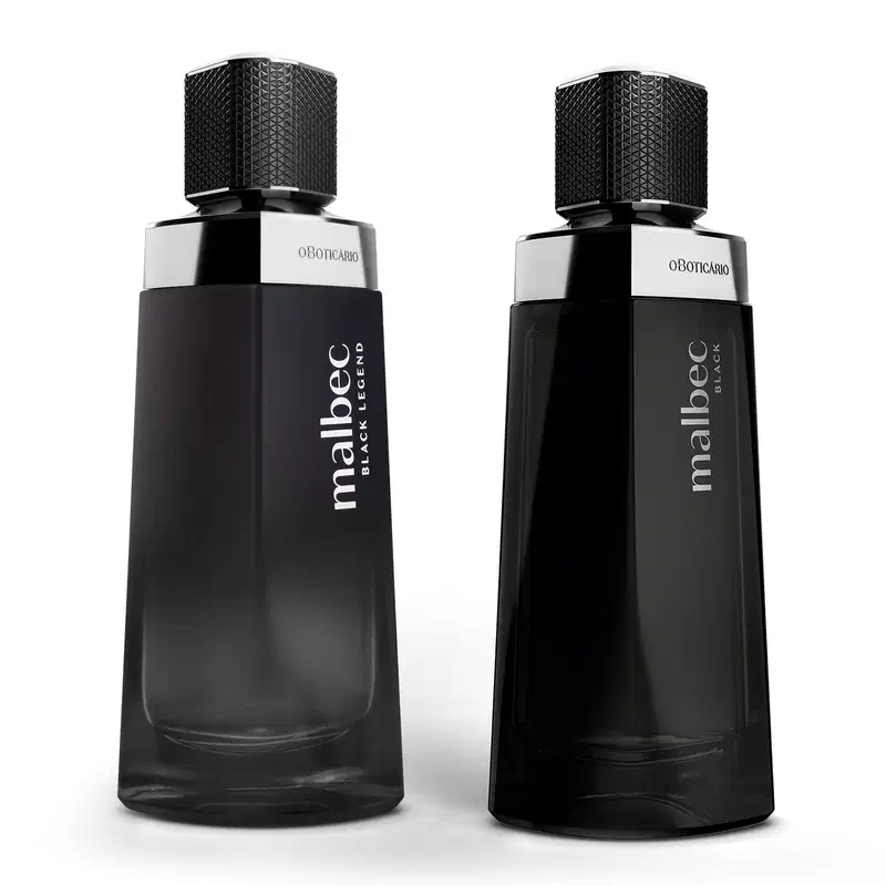 Dois frascos do desodorante colônia Malbec, sendo um da linha Black e outro da linha Black Legend. As duas embalagens são pretas, com tampa texturizada, detalhes e letras prateadas. Uma embalagem estilosa que sugere uma fragrância para homens intensos.