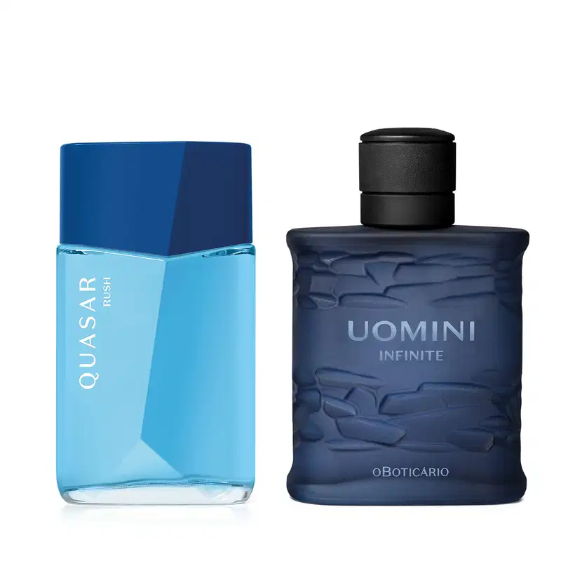 Imagem de dois itens de perfumaria masculina, sendo um vidro azul-claro com tampa azul-marinho da marca Quasar Rush e outro vidro azul-marinho com tampa preta texturizada da marca Uomini Infinite.