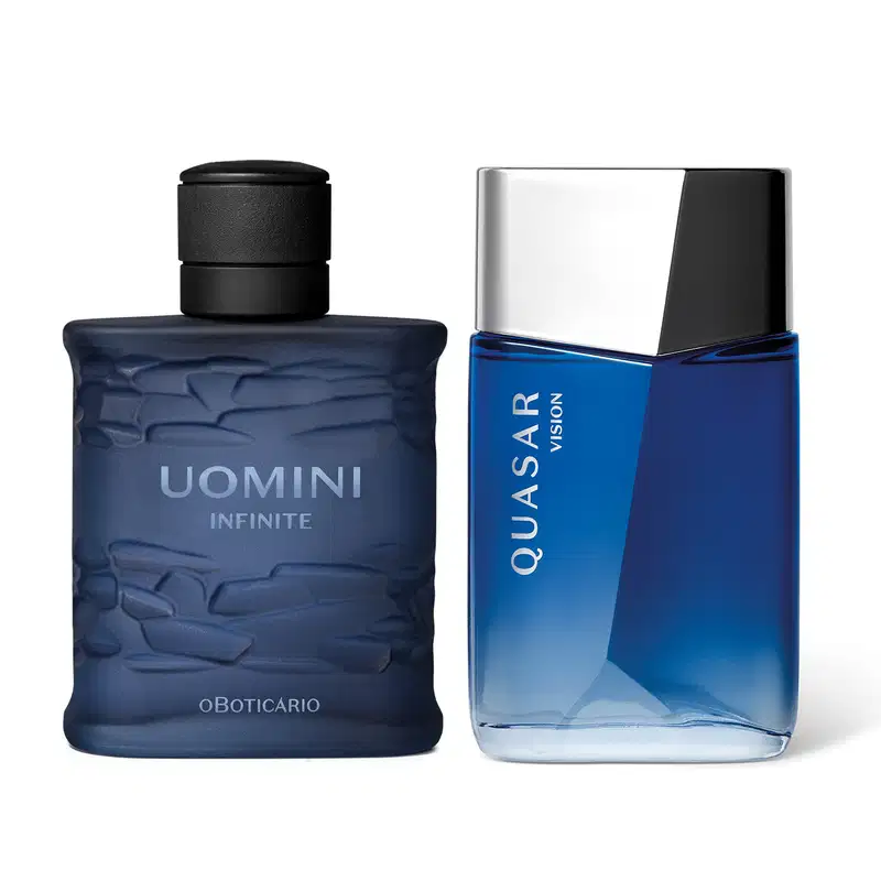 Imagem de dois itens de perfumaria masculina O Boticário, sendo um vidro azul-escuro com tampa preta texturizada da marca Uomini Infinity e outro azul-claro com tampa prateada da marca Quasar Vision.