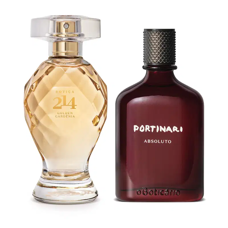 Imagem de itens de perfumaria O Boticário, sendo um vidro transparente em formato curvilíneo lapidado com líquido bege e borrifador dourado do Botica 214 Golden Gardênia e um vidro na cor vinho com tampa preta texturizada  do  Portinari Absoluto.