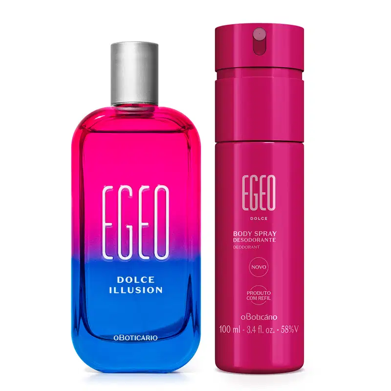 Imagem do Combo Egeo Dolce que traz o desodorante colônia Illusion em sua moderna embalagem rosa e azul com tampa prateada e letras brancas e o body spray em um frasco todo rosa com letras douradas. 
