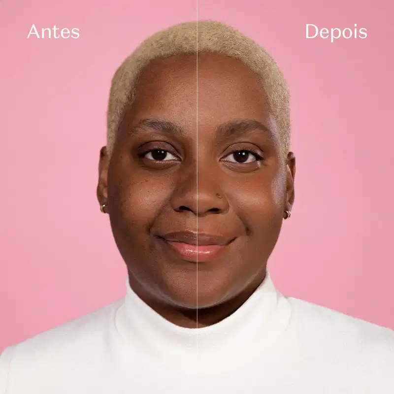Rosto feminino de pele negra mostrando o antes e depois de usar a base líquida Levanta Tudo da marca Quem Disse, Berenice?.