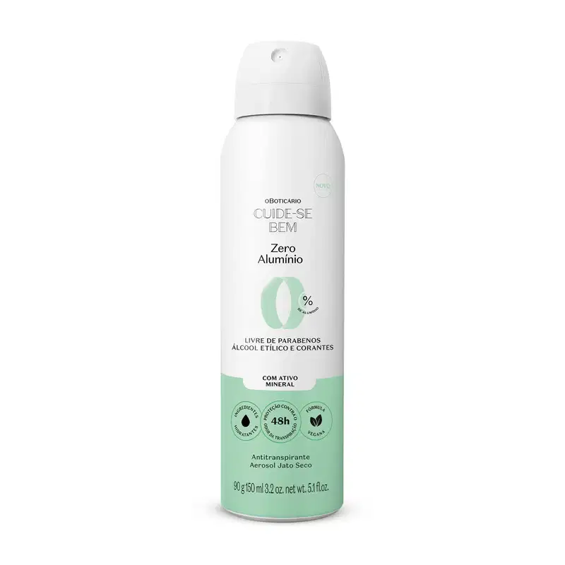 Frasco spray branco com detalhe azul e letras pretas contendo 90g/150ml de antitranspirante aerossol jato seco da marca Cuide-se Bem Zero Alumínio.