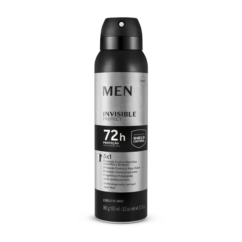 Frasco preto e prateado com letras brancas e pretas contendo 90g/150ml de antitranspirante aerossol jato seco da marca Men Invisible Protect.