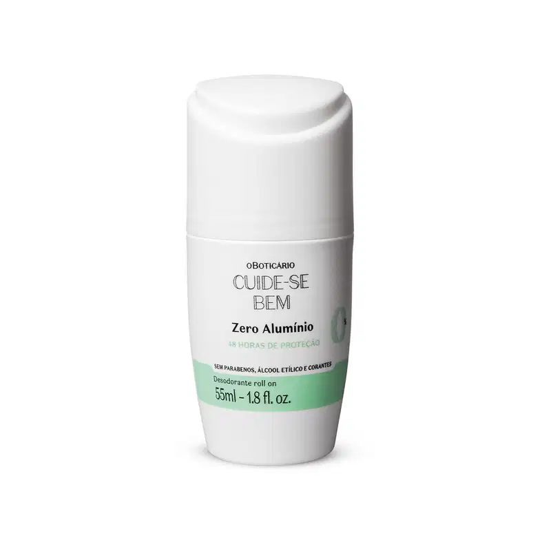 Frasco branco com detalhe azul e letras pretas contendo 55ml de desodorante roll-on Cuide-se Bem Zero Alumínio.