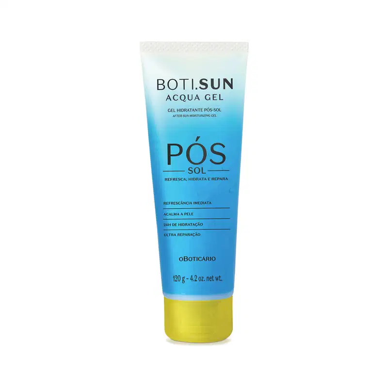 Bisnaga em tons de azul com tampa amarela e letras pretas contendo 120g de gel hidratante pós-sol Acqua Gel da marca Boti.Sun.
