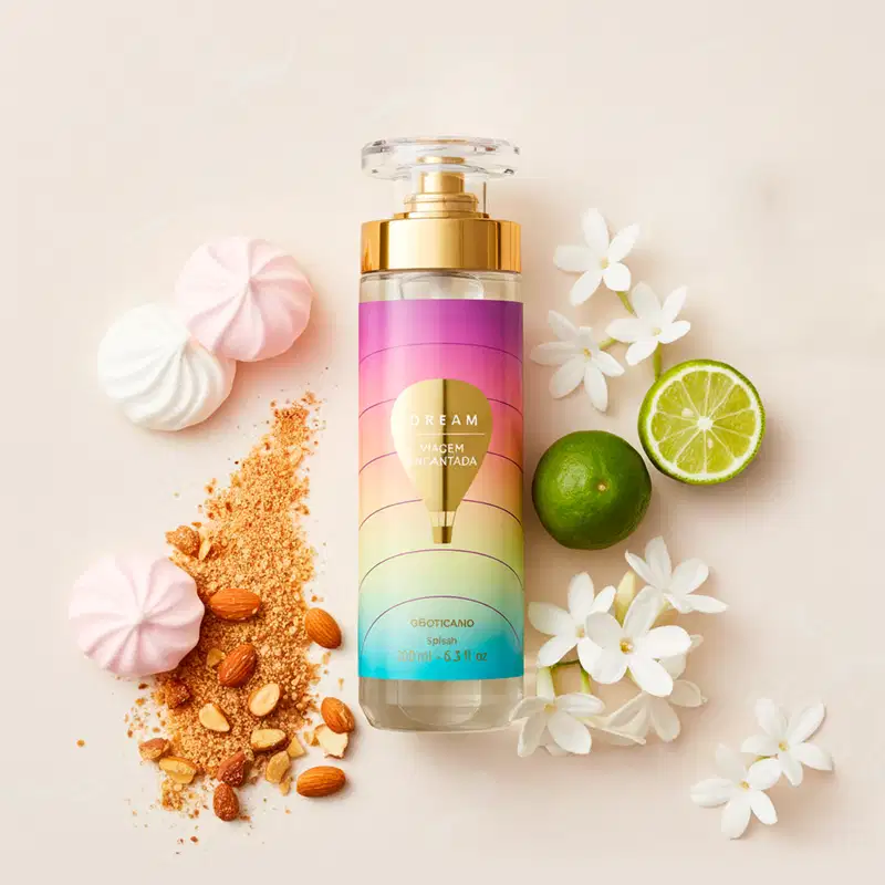 Imagem de um frasco de body splash Dream Viagem Encantada rodeado por ingredientes naturais como limão, flores e merengues. Fundo claro e ambiente suave, sugerindo um contexto de beleza e bem-estar.