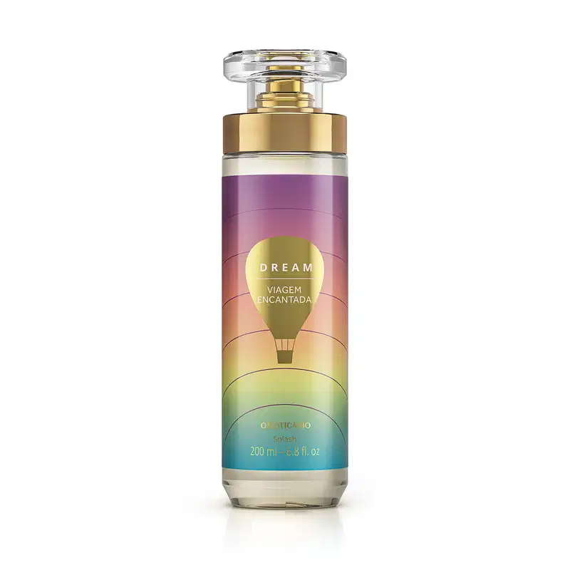 Imagem do frasco de body splash Dream Viagem Encantada, em embalagem cilíndrica com tampa transparente e válvula spray dourada. O rótulo é volorido em tons de roxo, rosa e azul e traz um balão ilustrativo. O recipiente conta com 200ml de produto.