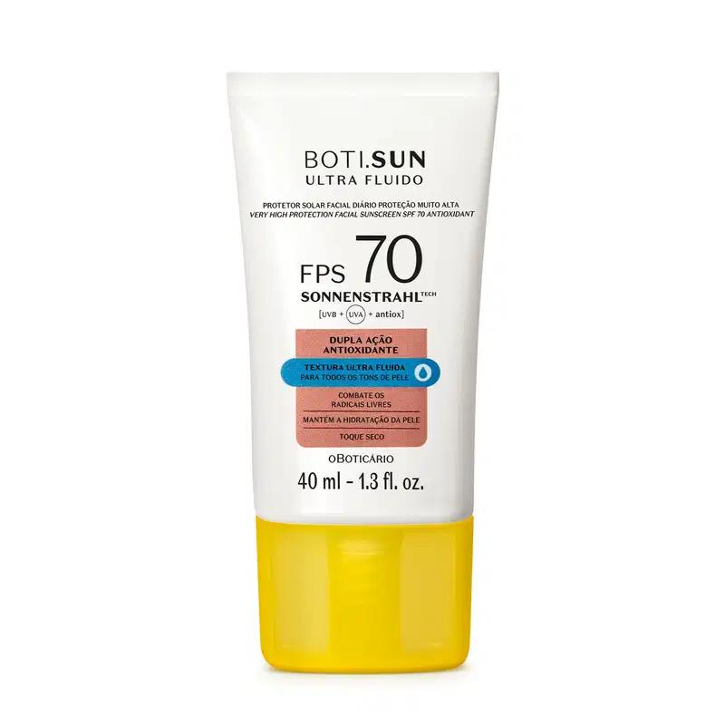 Frasco branco com tampa amarela, letras pretas e detalhes nas cores azul e laranja contendo 40ml de protetor solar facial antioxidante FPS 70 Ultra Fluído da marca Boti.Sun.