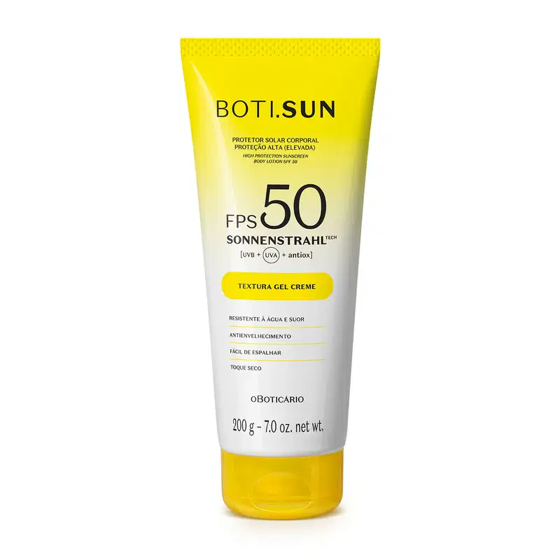 Bisnaga amarela e branca com tampa amarela e letras pretas contendo 200g de protetor solar corporal FPS 50 da marca Boti.Sun.