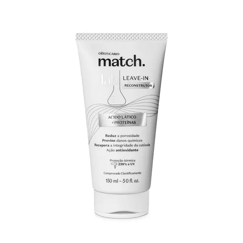 Bisnaga branca com detalhes prateados e letras pretas e cinzas contendo 150ml de leave-in reconstrutor da marca Match Lab Multibenefícios.
