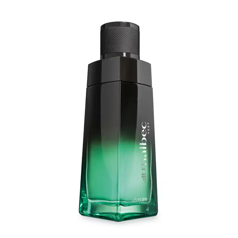 Vidro em formato geométrico com degradê de preto e verde, tampa preta e letras brancas contendo 100ml de desodorante colônia da marca Malbec Vert.