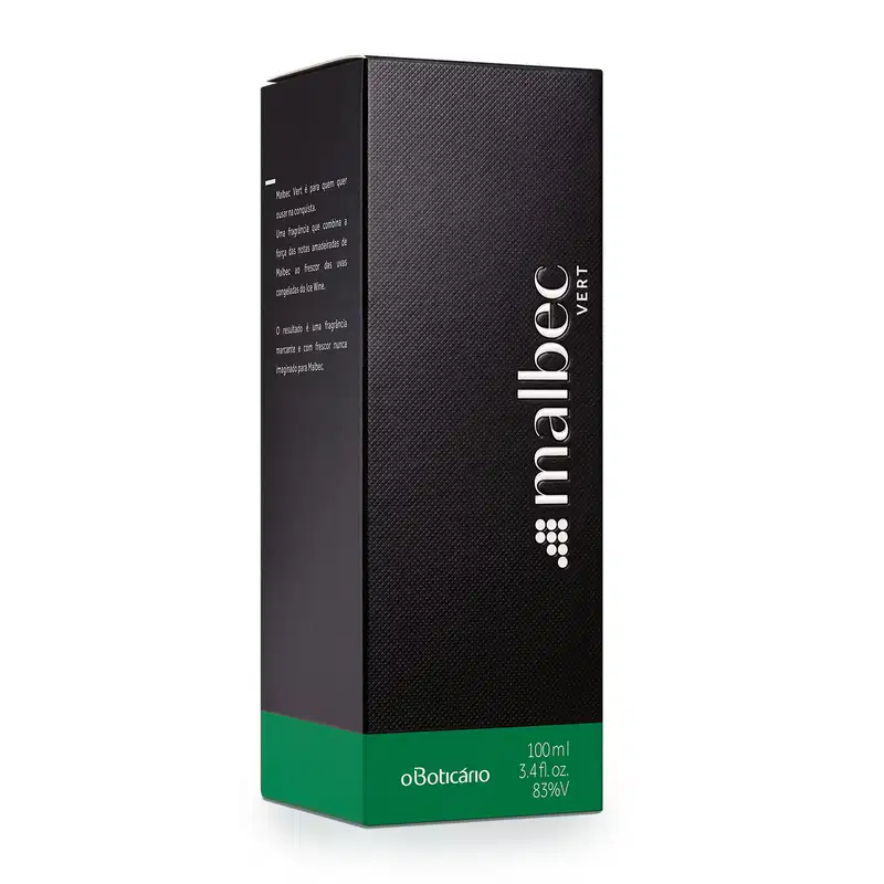 Caixa preta e verde com letras brancas que contém um vidro de desodorante colônia Malbec Vert.


