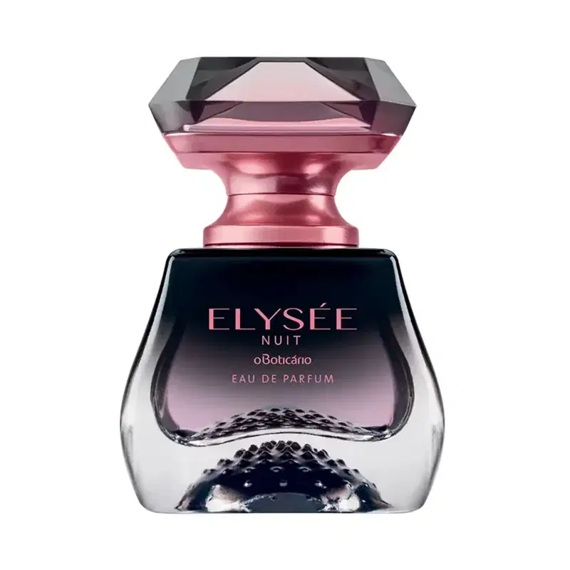 Frasco elegante e luxuoso feito de vidro transparente em preto e transparente com borrifador e letras douradas, tampa transparente em formato de cristal lapidado, contendo 50ml de Eau de Parfum Elysée Nuit.