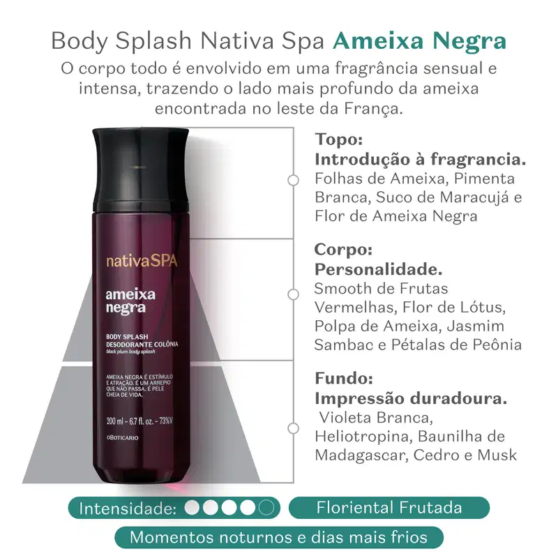 Frasco cilíndrico roxo transparente com tampa preta e letras douradas, brancas e roxas de body splash Nativa SPA Ameixa Negra sobre fundo branco com letras verdes informando sobre a fragrância e suas notas olfativas.