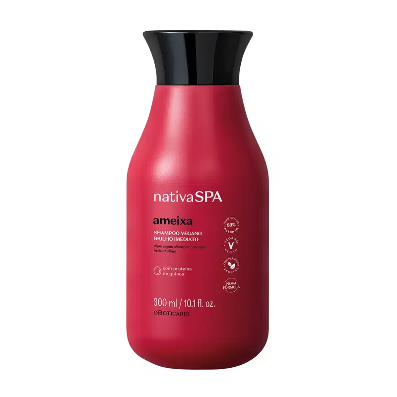 Frasco rosa vibrante com tampa preta e letras douradas, brancas e pretas contendo 300ml de shampoo para cabelos luminosos da marca Nativa SPA Ameixa.