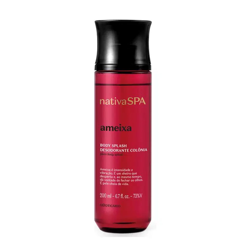 Frasco rosa transparente com tampa preta e letras douradas, brancas e pretas, contendo 200ml de body splash Nativa SPA Ameixa.